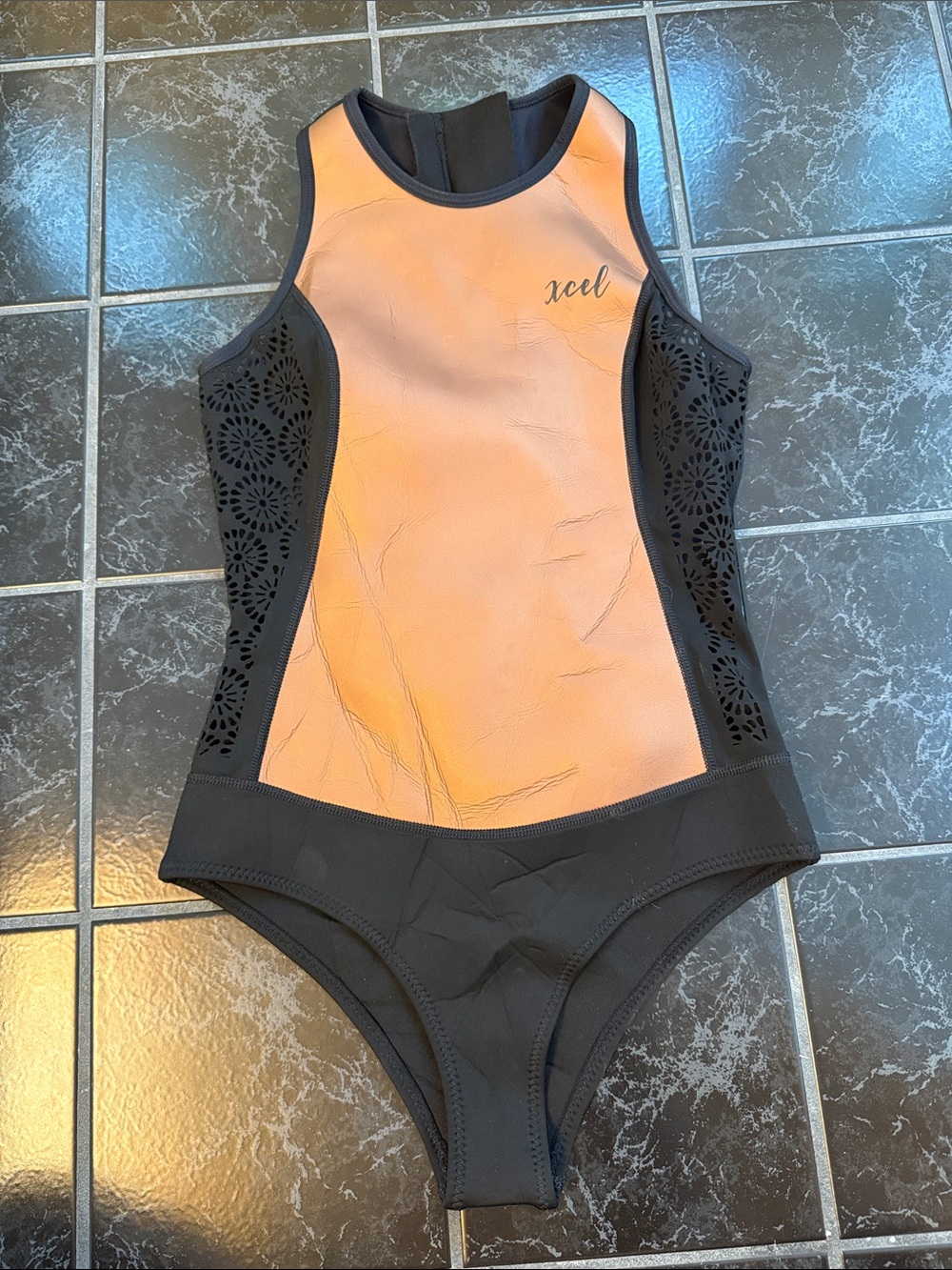 XCEL tan/gold and Black Neoprene One-Piece Swim Suit
